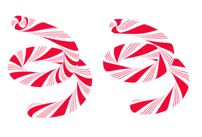 Left: Candy cane brush looking jaggy. Right: All smoothed out with the lerp() function.
